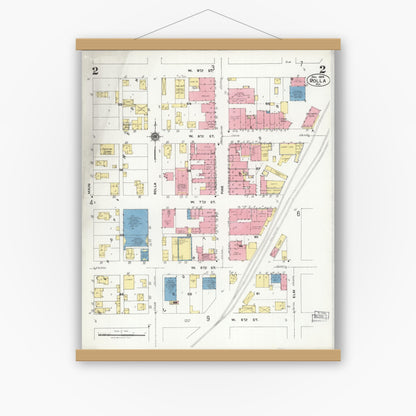 Old map wall art mockup — magnetic wood frame on white wall — Sanborn Fire Insurance Map from Rolla, Phelps County, Missouri (1924), Sheet #0002