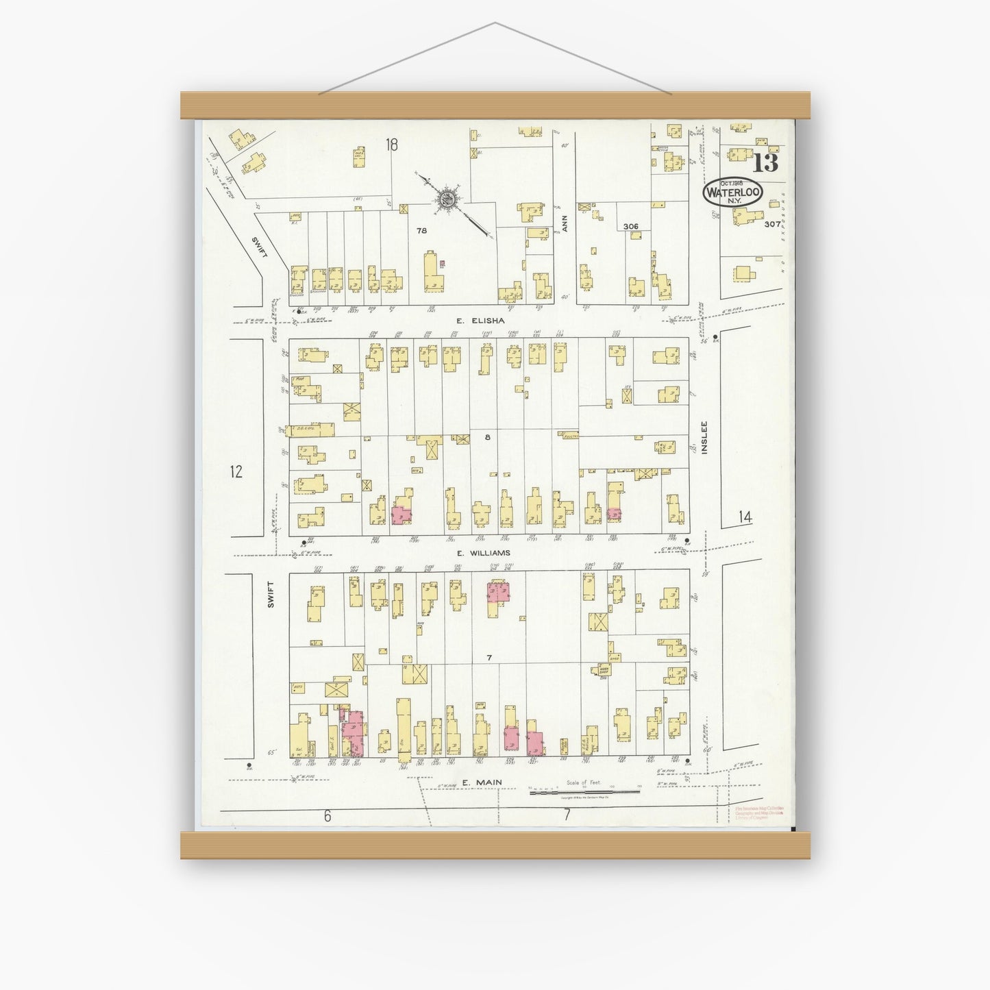 Old map wall art mockup — magnetic wood frame on white wall — Sanborn Fire Insurance Map from Waterloo, Seneca County, New York (1918), Sheet #0013