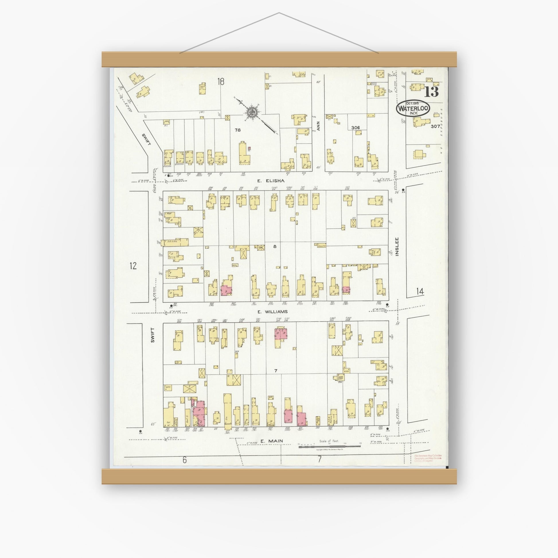 Old map wall art mockup — magnetic wood frame on white wall — Sanborn Fire Insurance Map from Waterloo, Seneca County, New York (1918), Sheet #0013
