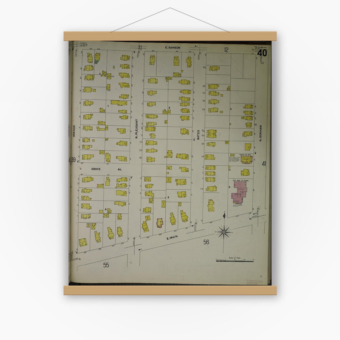 Old map wall art mockup — magnetic wood frame on white wall — Sanborn Fire Insurance Map from Jackson, Jackson County, Michigan (1907), Sheet #0040