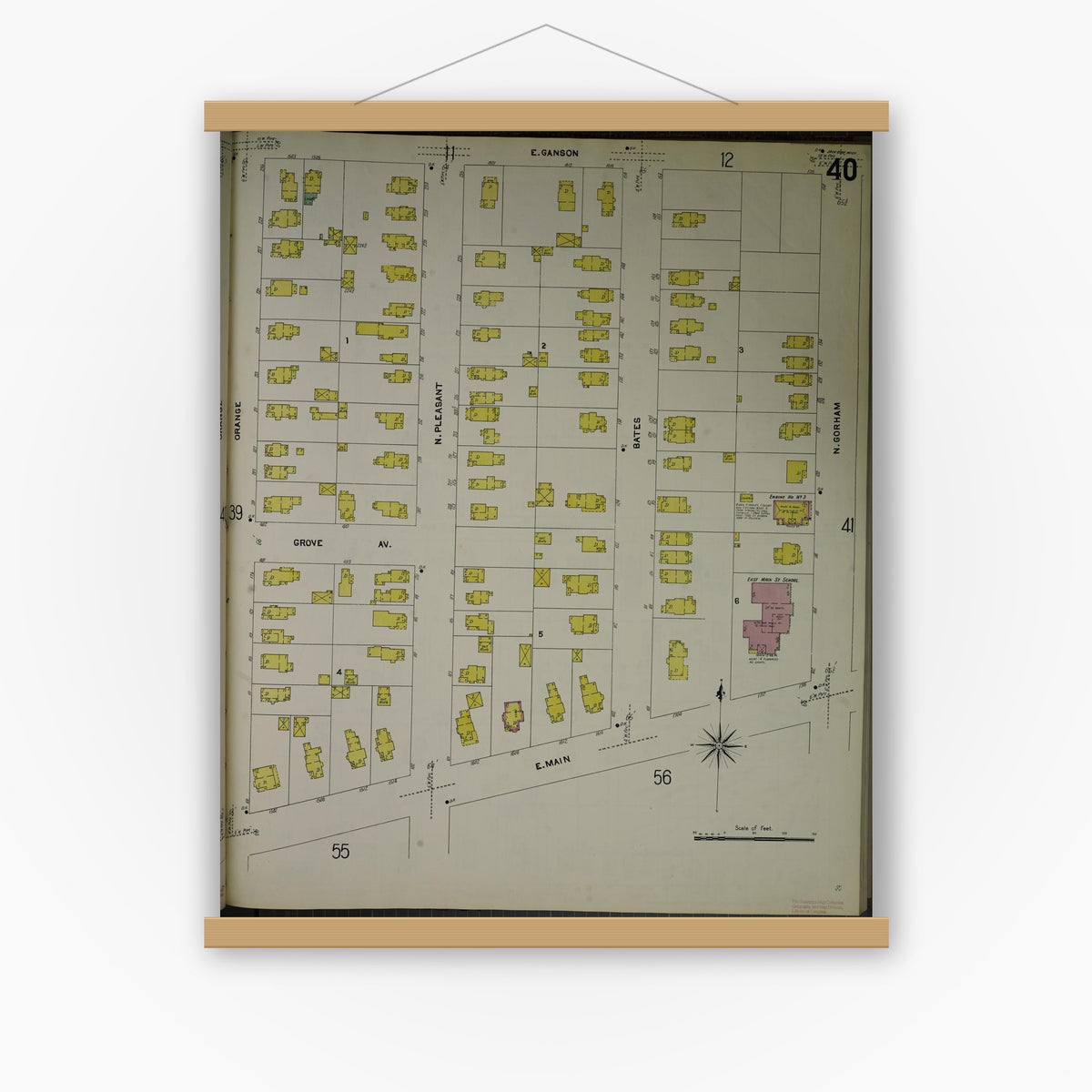 Old map wall art mockup — magnetic wood frame on white wall — Sanborn Fire Insurance Map from Jackson, Jackson County, Michigan (1907), Sheet #0040