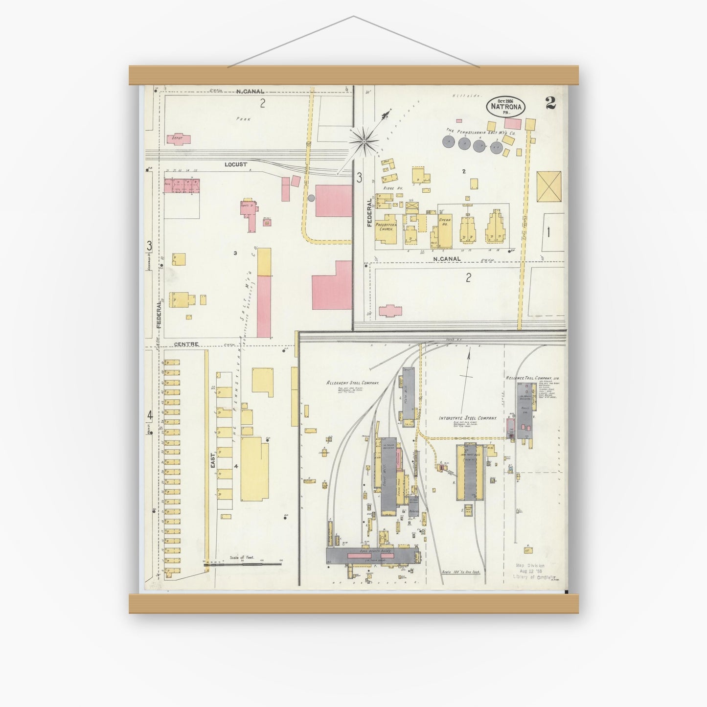 Old map wall art mockup — magnetic wood frame on white wall — Sanborn Fire Insurance Map from Natrona, Allegheny County, Pennsylvania (1906), Sheet #0002