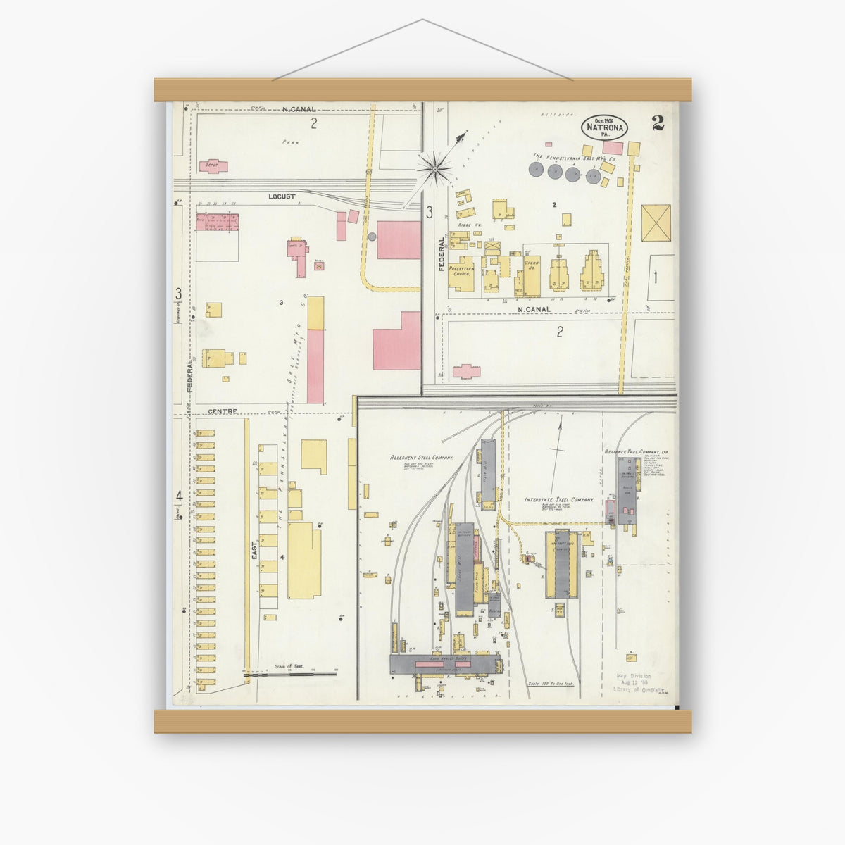 Old map wall art mockup — magnetic wood frame on white wall — Sanborn Fire Insurance Map from Natrona, Allegheny County, Pennsylvania (1906), Sheet #0002
