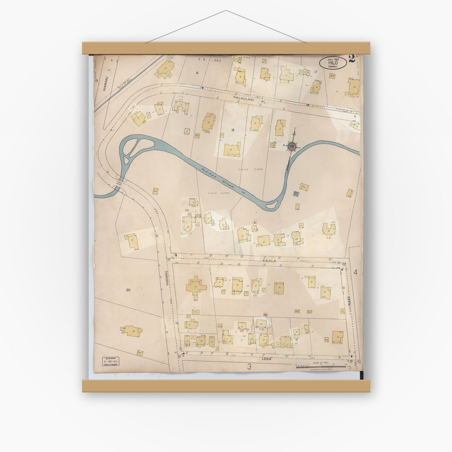 Old map wall art mockup — magnetic wood frame on white wall — Sanborn Fire Insurance Map from Hilo, Hawaii County, Hawaii (1957), Sheet #0002