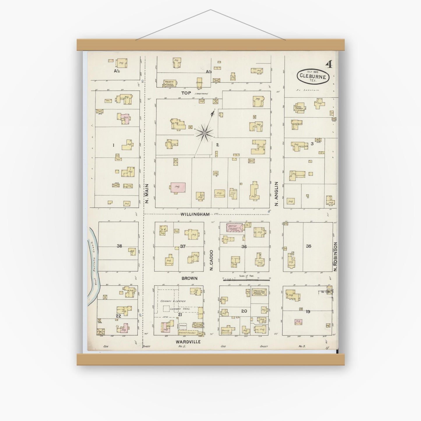 Old map wall art mockup — magnetic wood frame on white wall — Sanborn Fire Insurance Map from Cleburne, Johnson County, Texas (1888), Sheet #0004