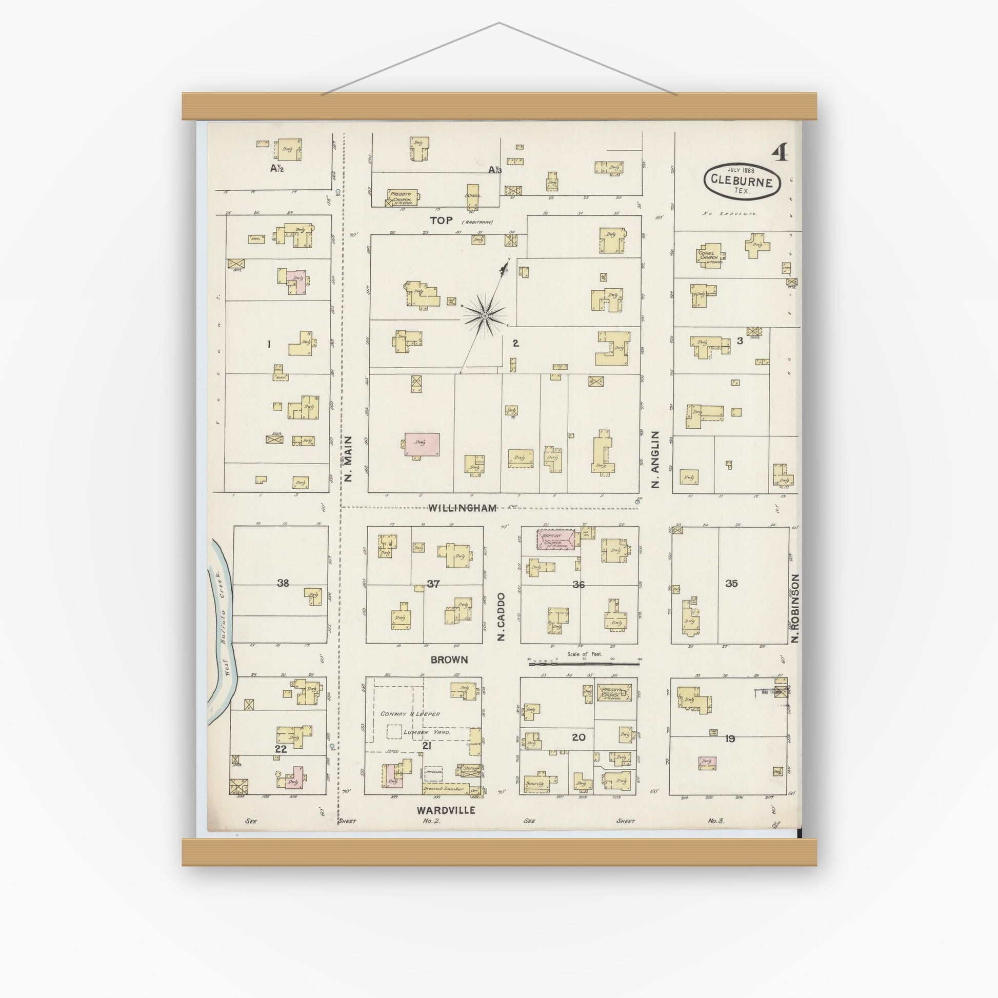 Old map wall art mockup — magnetic wood frame on white wall — Sanborn Fire Insurance Map from Cleburne, Johnson County, Texas (1888), Sheet #0004