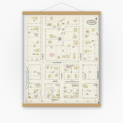 Old map wall art mockup — magnetic wood frame on white wall — Sanborn Fire Insurance Map from Cleburne, Johnson County, Texas (1888), Sheet #0004