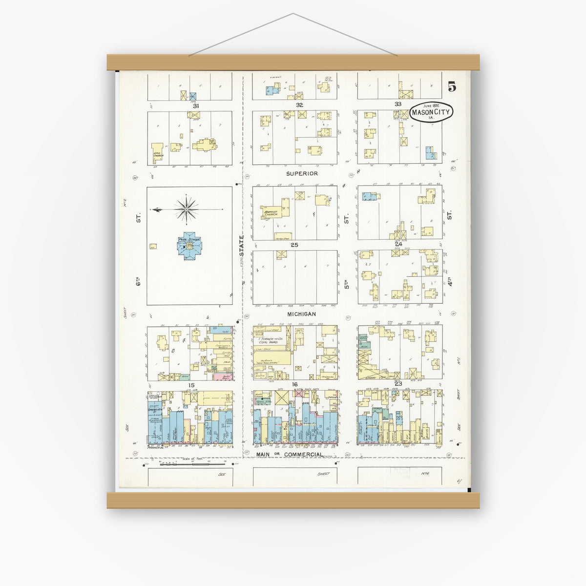 Old map wall art mockup — magnetic wood frame on white wall — Sanborn Fire Insurance Map from Mason City, Cerro Gordo County, Iowa (1892), Sheet #0005