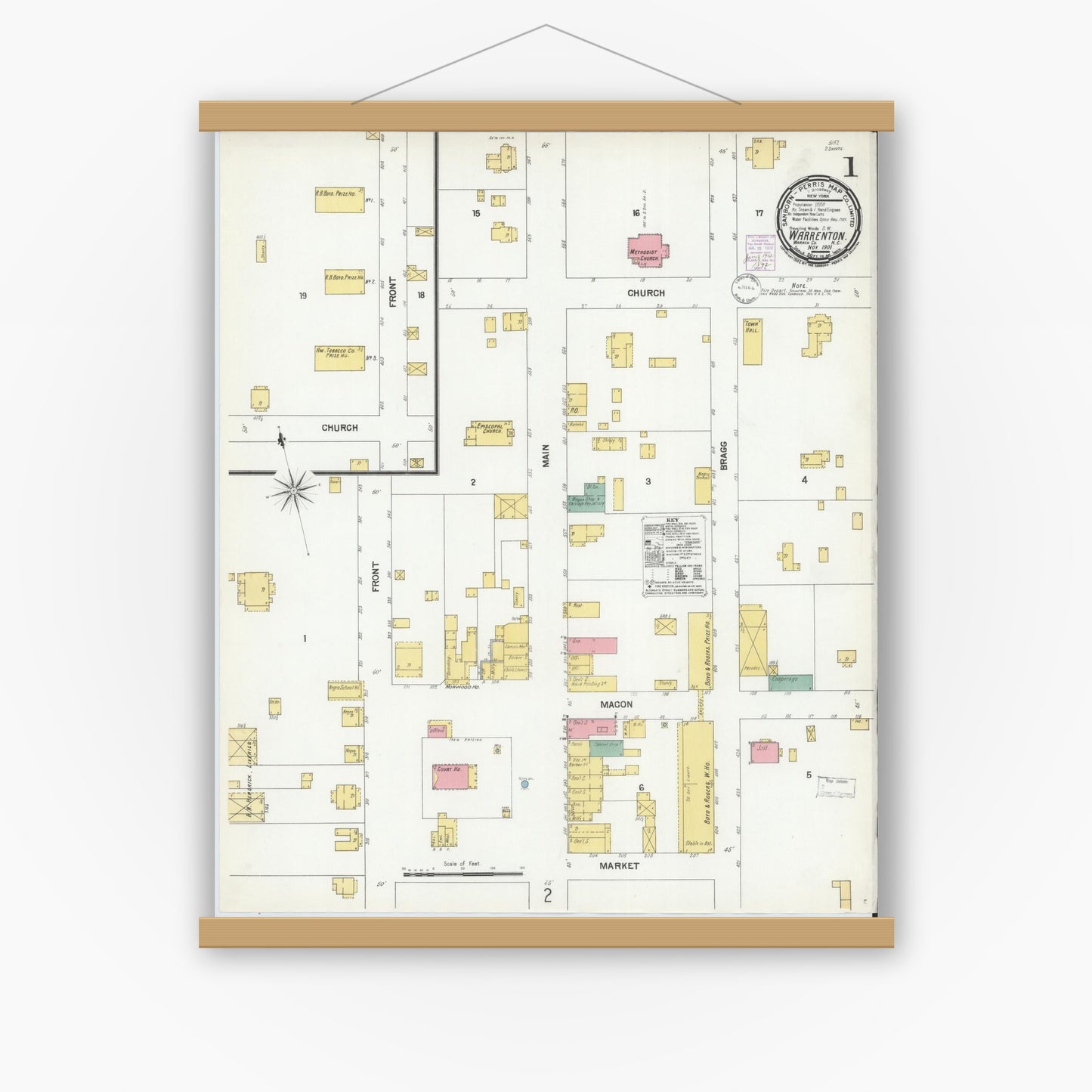 Old map wall art mockup — magnetic wood frame on white wall — Sanborn Fire Insurance Map from Warrenton, Warren County, North Carolina (1901) - Complete Map Set
