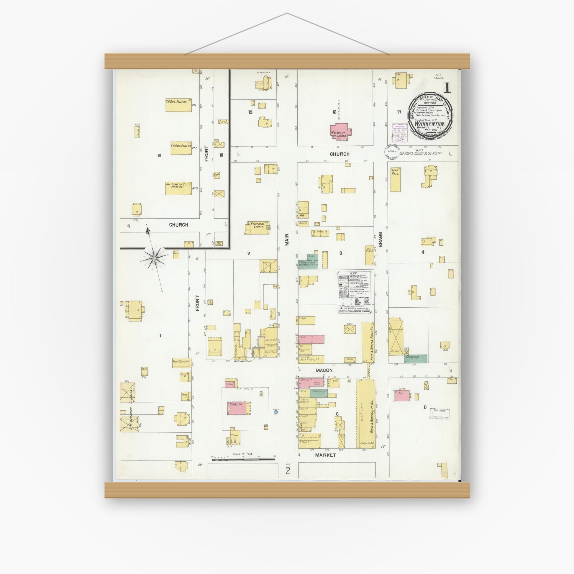 Old map wall art mockup — magnetic wood frame on white wall — Sanborn Fire Insurance Map from Warrenton, Warren County, North Carolina (1901) - Complete Map Set
