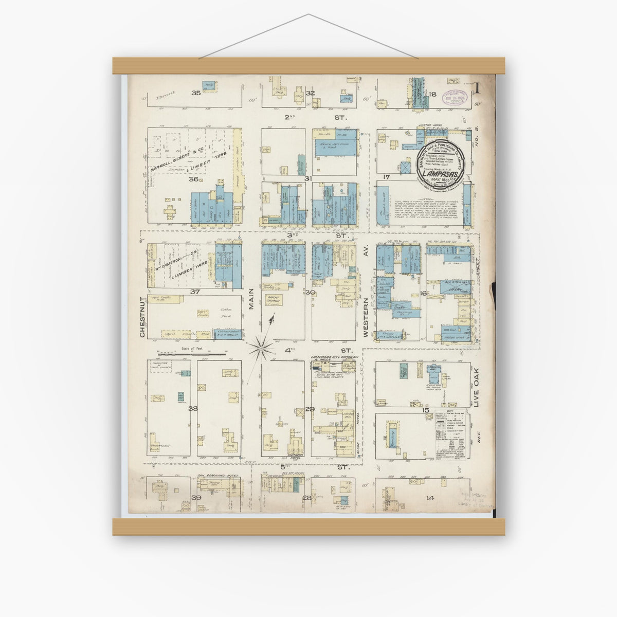 Old map wall art mockup — magnetic wood frame on white wall — Sanborn Fire Insurance Map from Lampasas, Lampasas County, Texas (1885), Sheet #0001