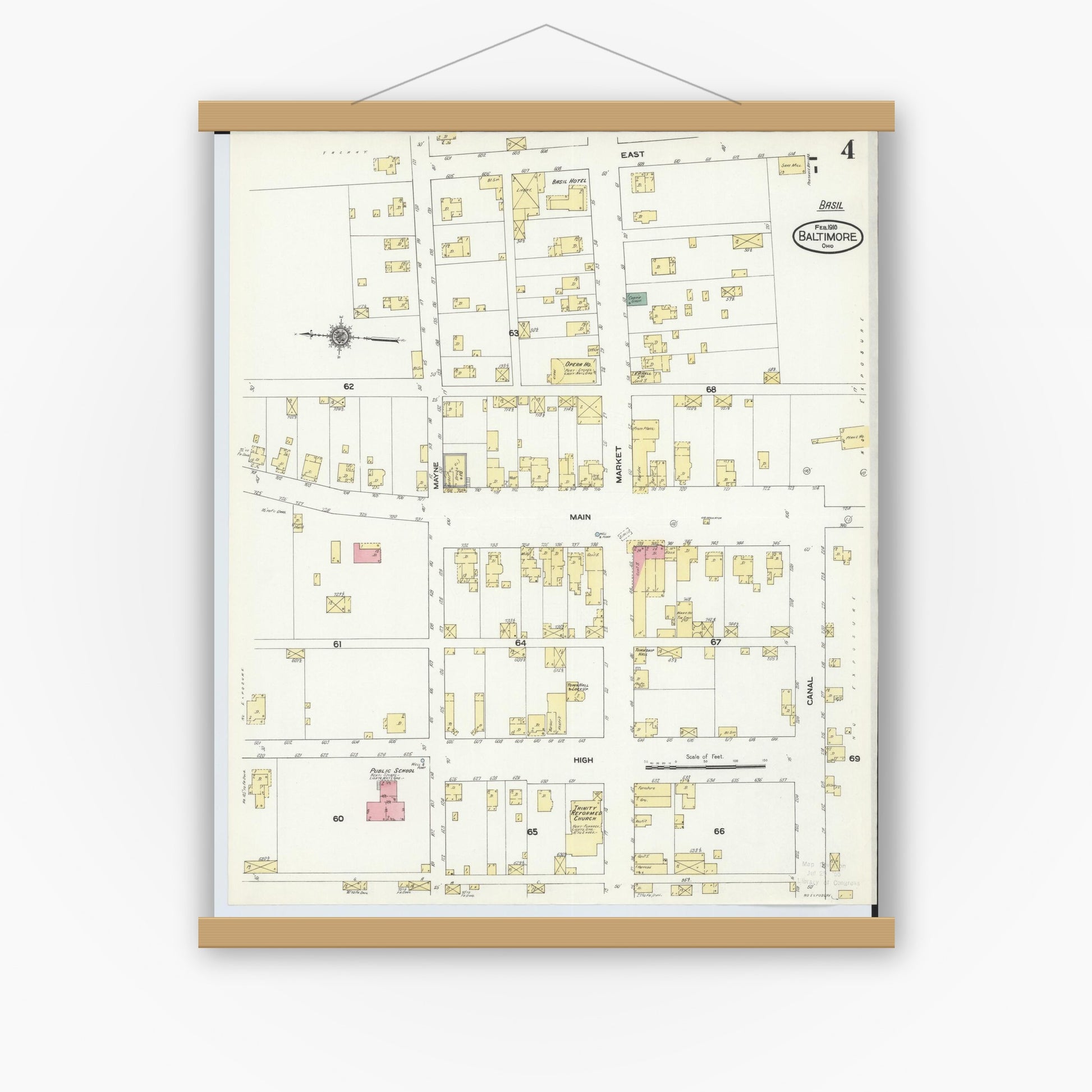 Old map wall art mockup — magnetic wood frame on white wall — Sanborn Fire Insurance Map from Baltimore, Fairfield County, Ohio (1910), Sheet #0004