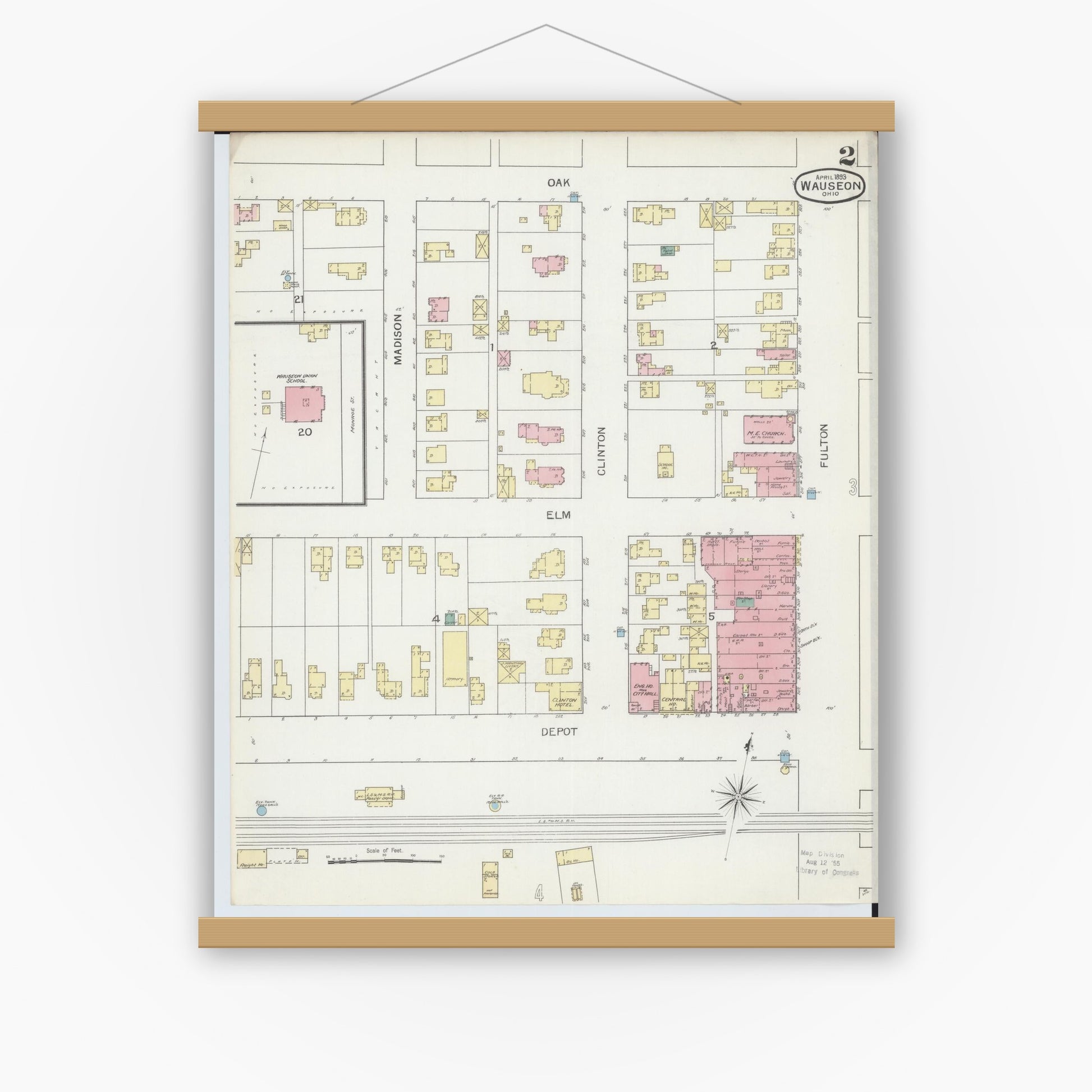 Old map wall art mockup — magnetic wood frame on white wall — Sanborn Fire Insurance Map from Wauseon, Fulton County, Ohio (1893), Sheet #0002