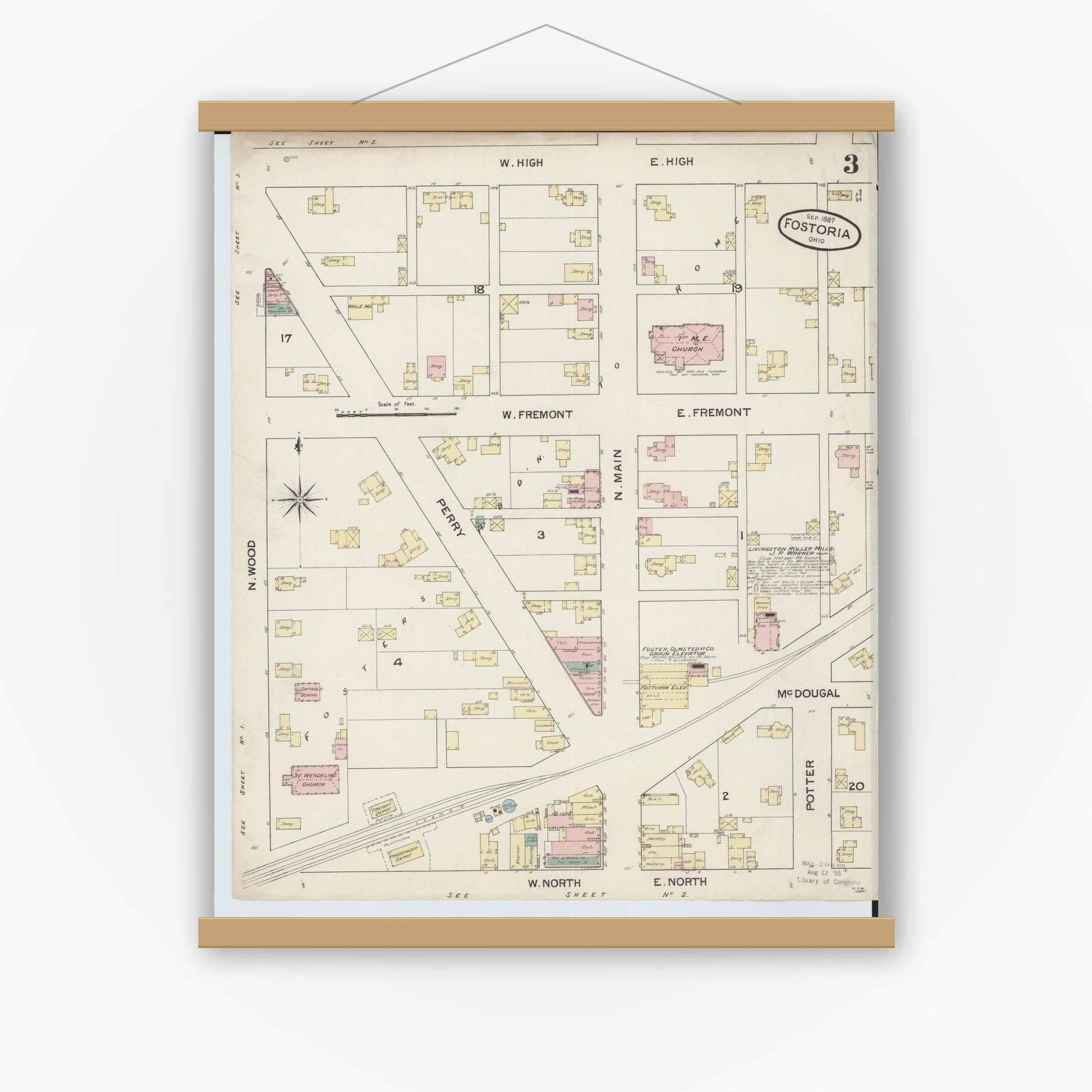 Old map wall art mockup — magnetic wood frame on white wall — Sanborn Fire Insurance Map from Fostoria, Seneca, Hancock, And Wood Counties, Ohio (1887), Sheet #0003