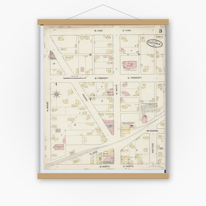 Old map wall art mockup — magnetic wood frame on white wall — Sanborn Fire Insurance Map from Fostoria, Seneca, Hancock, And Wood Counties, Ohio (1887), Sheet #0003