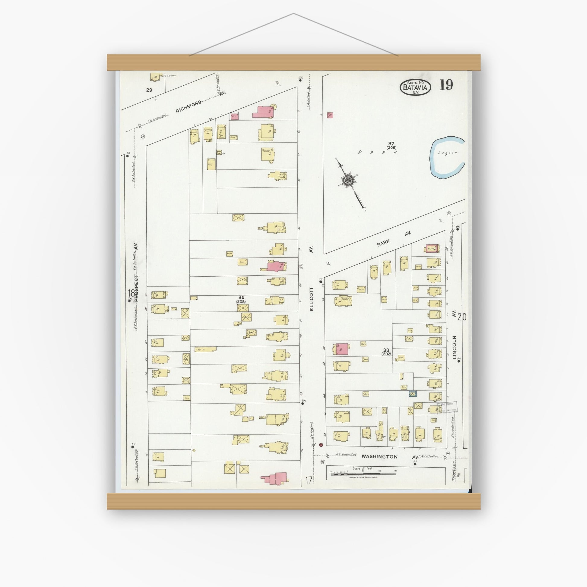 Old map wall art mockup — magnetic wood frame on white wall — Sanborn Fire Insurance Map from Batavia, Genesee County, New York (1919), Sheet #0019