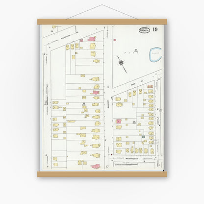 Old map wall art mockup — magnetic wood frame on white wall — Sanborn Fire Insurance Map from Batavia, Genesee County, New York (1919), Sheet #0019