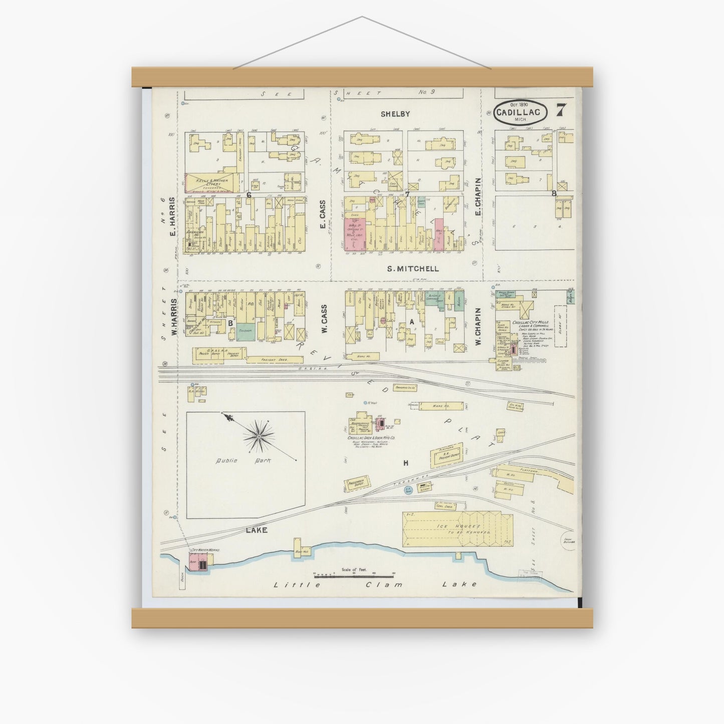 Old map wall art mockup — magnetic wood frame on white wall — Sanborn Fire Insurance Map from Cadillac, Wexford County, Michigan (1890), Sheet #0007