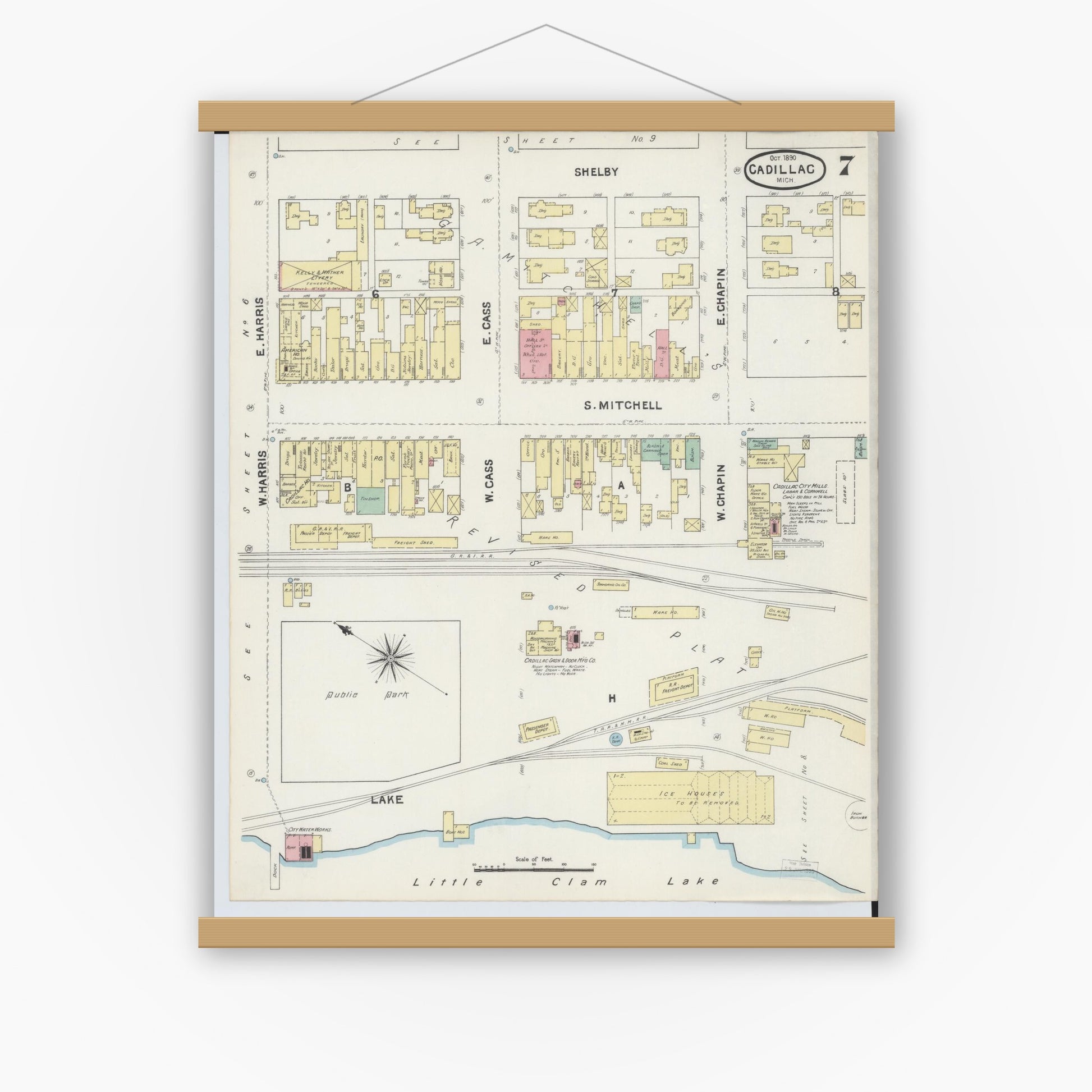 Old map wall art mockup — magnetic wood frame on white wall — Sanborn Fire Insurance Map from Cadillac, Wexford County, Michigan (1890), Sheet #0007