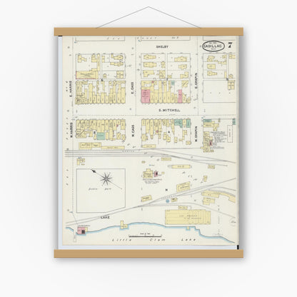 Old map wall art mockup — magnetic wood frame on white wall — Sanborn Fire Insurance Map from Cadillac, Wexford County, Michigan (1890), Sheet #0007