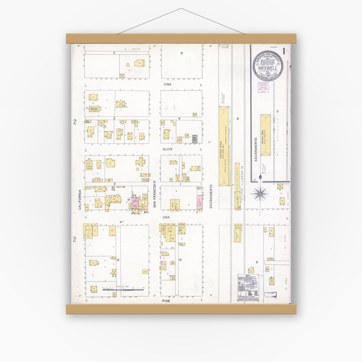 Old map wall art mockup — magnetic wood frame on white wall — Sanborn Fire Insurance Map from Maxwell, Colusa County, California (1907), Sheet #0001