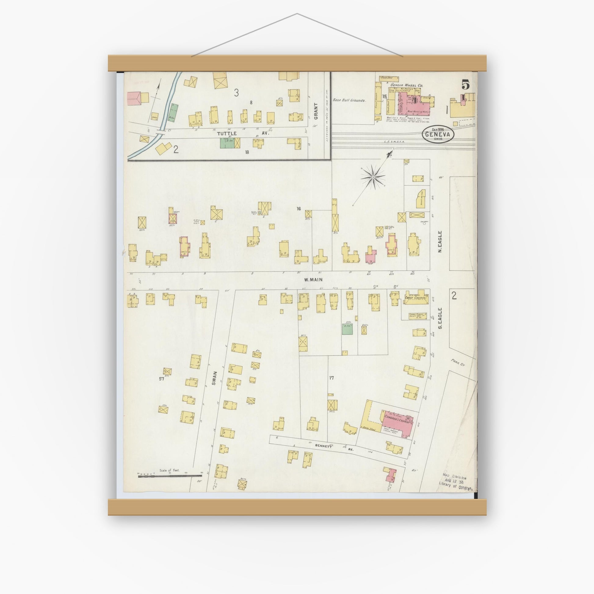 Old map wall art mockup — magnetic wood frame on white wall — Sanborn Fire Insurance Map from Geneva, Ashtabula County, Ohio (1898), Sheet #0005