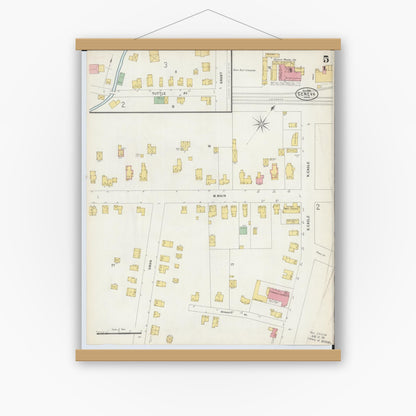 Old map wall art mockup — magnetic wood frame on white wall — Sanborn Fire Insurance Map from Geneva, Ashtabula County, Ohio (1898), Sheet #0005