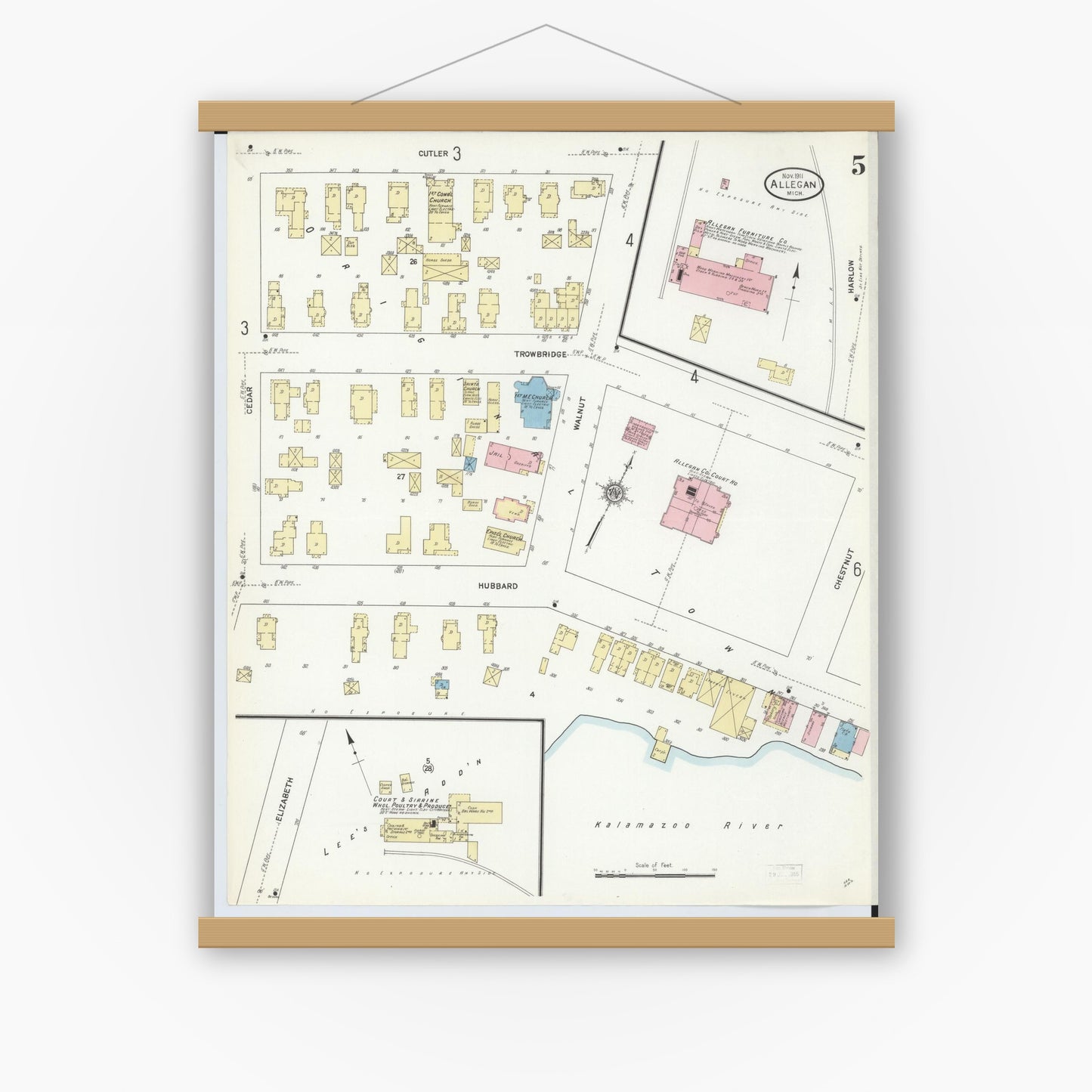 Old map wall art mockup — magnetic wood frame on white wall — Sanborn Fire Insurance Map from Allegan, Allegan County, Michigan (1911), Sheet #0005