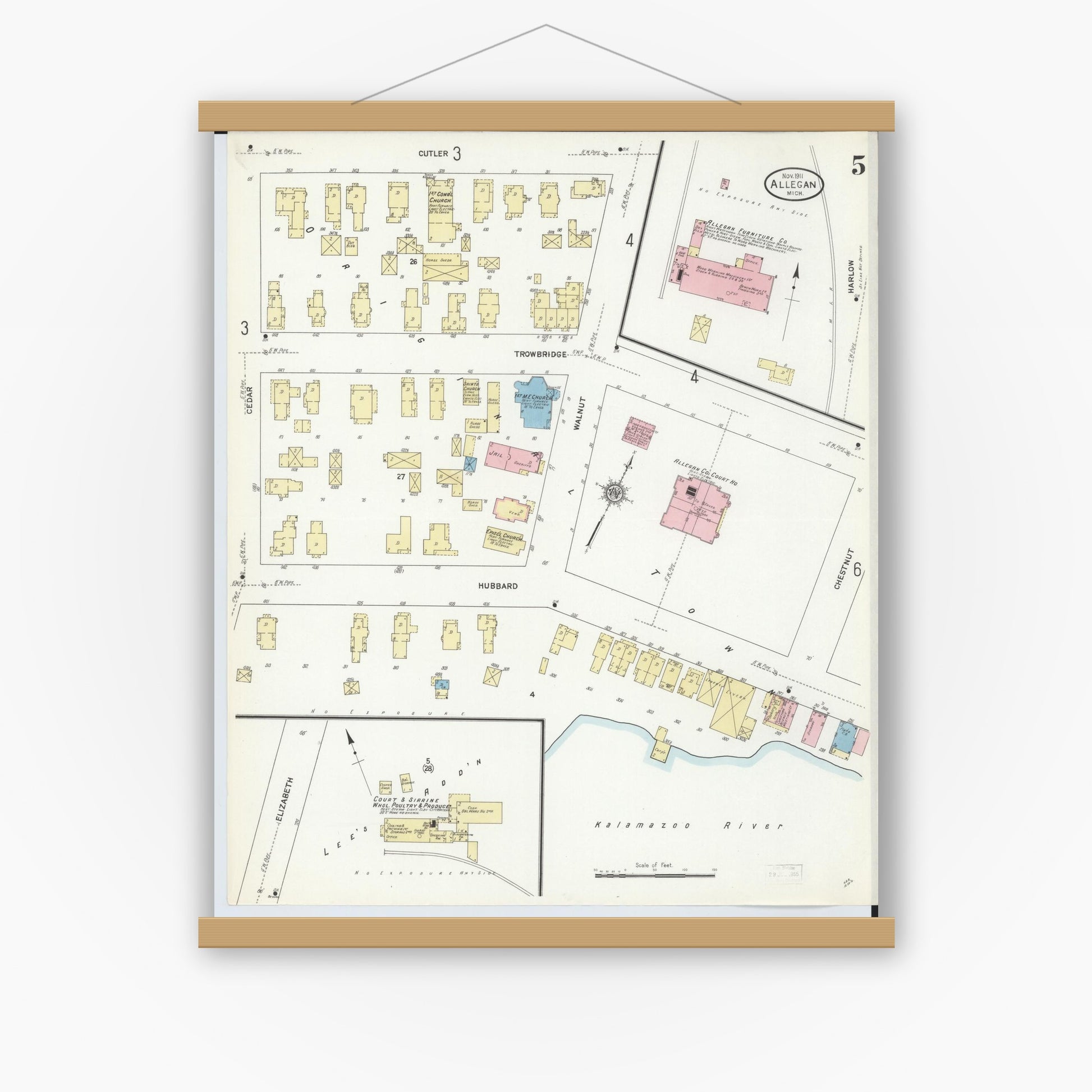 Old map wall art mockup — magnetic wood frame on white wall — Sanborn Fire Insurance Map from Allegan, Allegan County, Michigan (1911), Sheet #0005