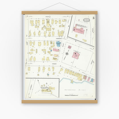 Old map wall art mockup — magnetic wood frame on white wall — Sanborn Fire Insurance Map from Allegan, Allegan County, Michigan (1911), Sheet #0005