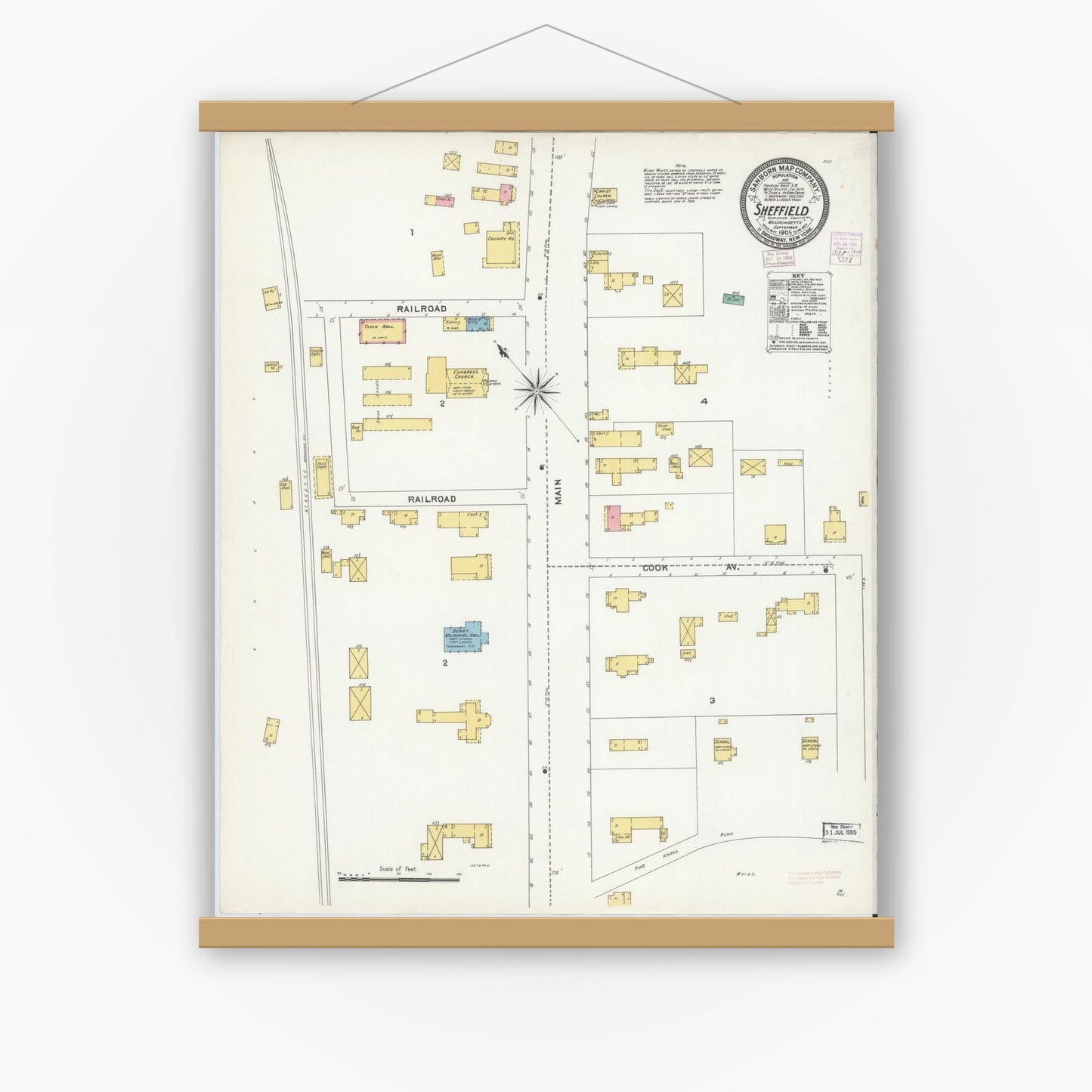 Old map wall art mockup — magnetic wood frame on white wall — Sanborn Fire Insurance Map from Sheffield, Berkshire County, Massachusetts (1905), Sheet #0001
