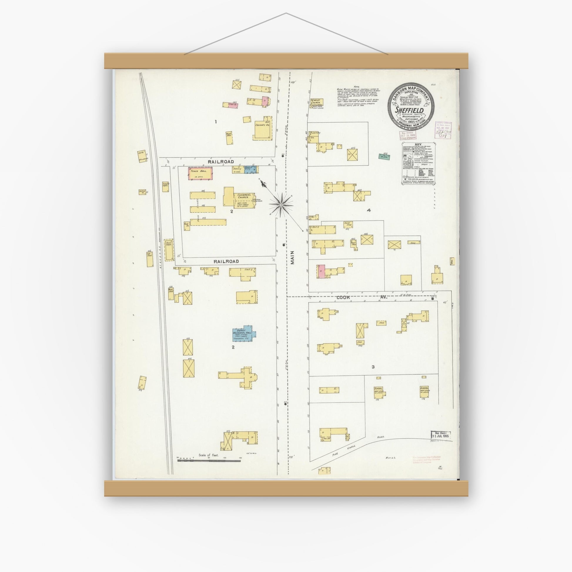 Old map wall art mockup — magnetic wood frame on white wall — Sanborn Fire Insurance Map from Sheffield, Berkshire County, Massachusetts (1905), Sheet #0001