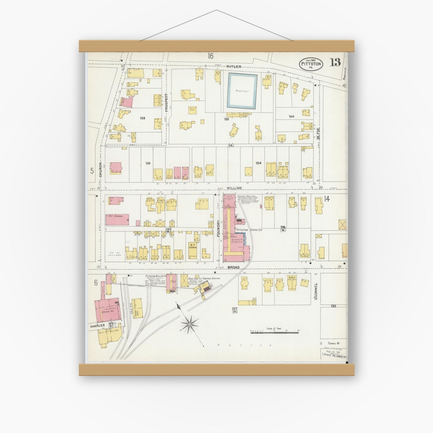 Old map wall art mockup — magnetic wood frame on white wall — Sanborn Fire Insurance Map from Pittston, Luzerne County, Pennsylvania (1903), Sheet #0013
