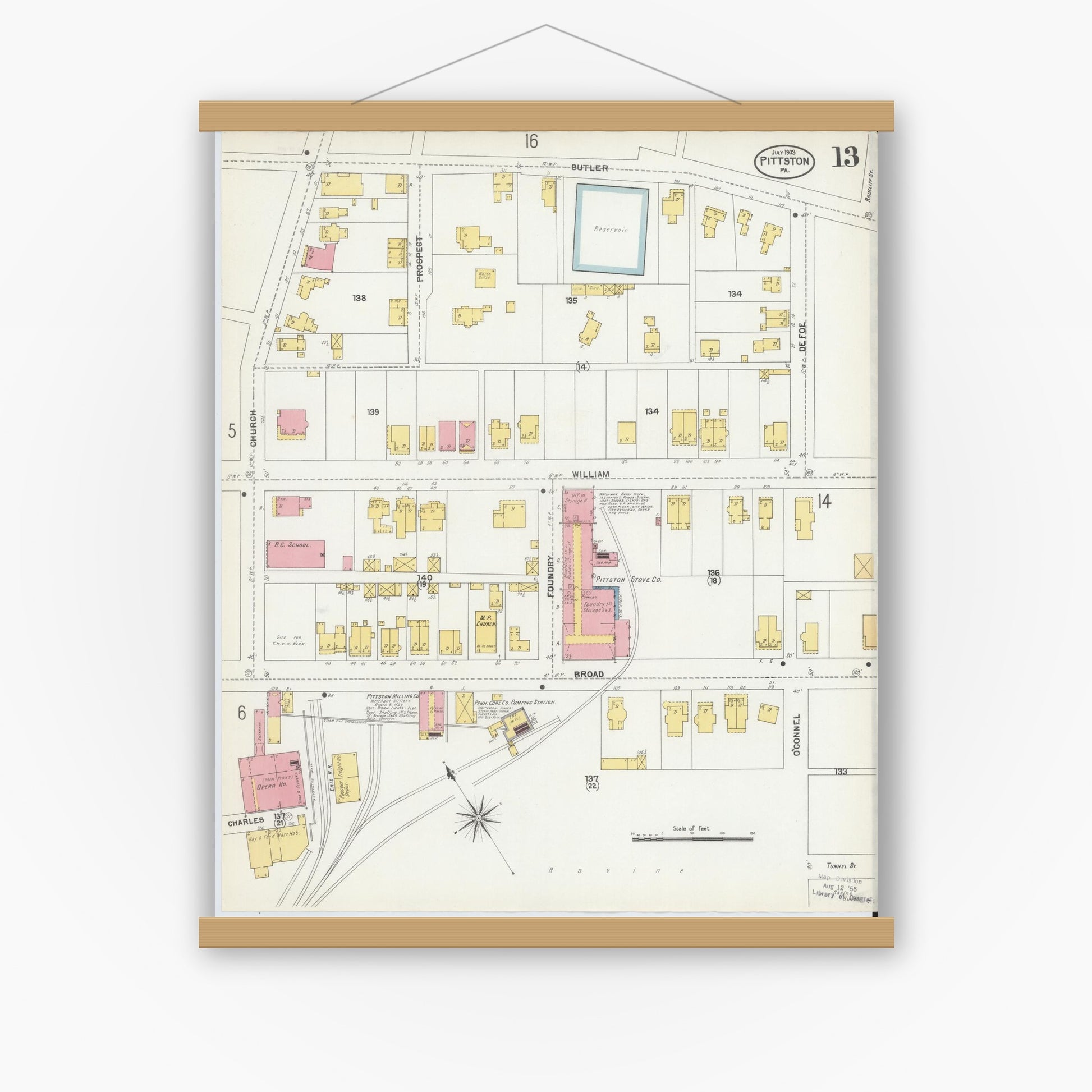 Old map wall art mockup — magnetic wood frame on white wall — Sanborn Fire Insurance Map from Pittston, Luzerne County, Pennsylvania (1903), Sheet #0013