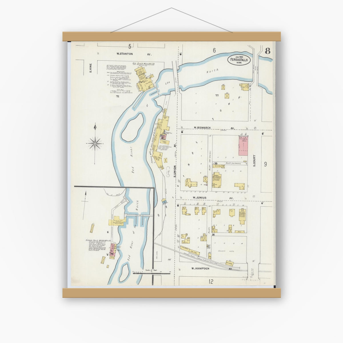 Old map wall art mockup — magnetic wood frame on white wall — Sanborn Fire Insurance Map from Fergus Falls, Otter Tail County, Minnesota (1903), Sheet #0008