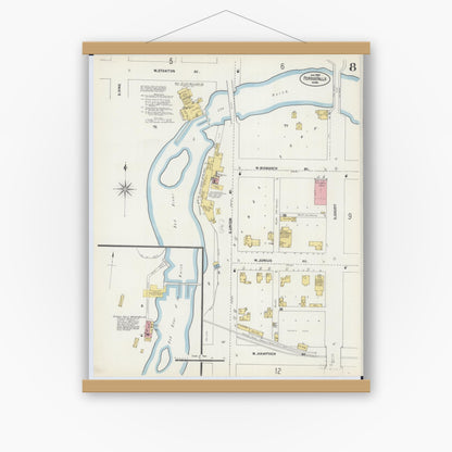 Old map wall art mockup — magnetic wood frame on white wall — Sanborn Fire Insurance Map from Fergus Falls, Otter Tail County, Minnesota (1903), Sheet #0008