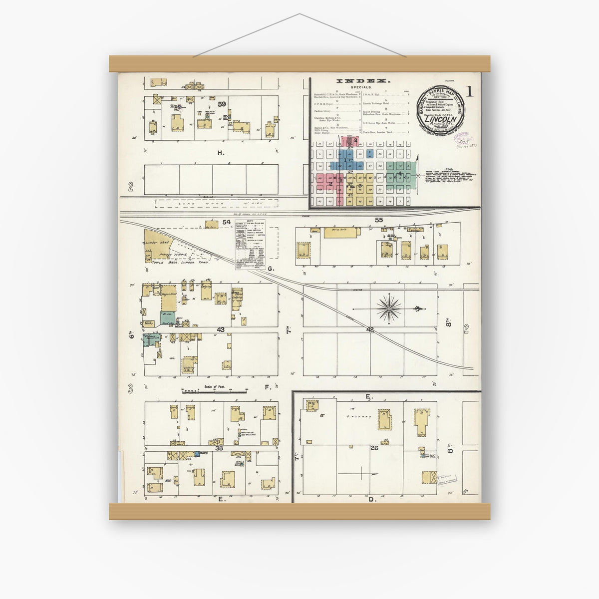 Old map wall art mockup — magnetic wood frame on white wall — Sanborn Fire Insurance Map from Lincoln, Placer County, California (1893) - Complete Map Set