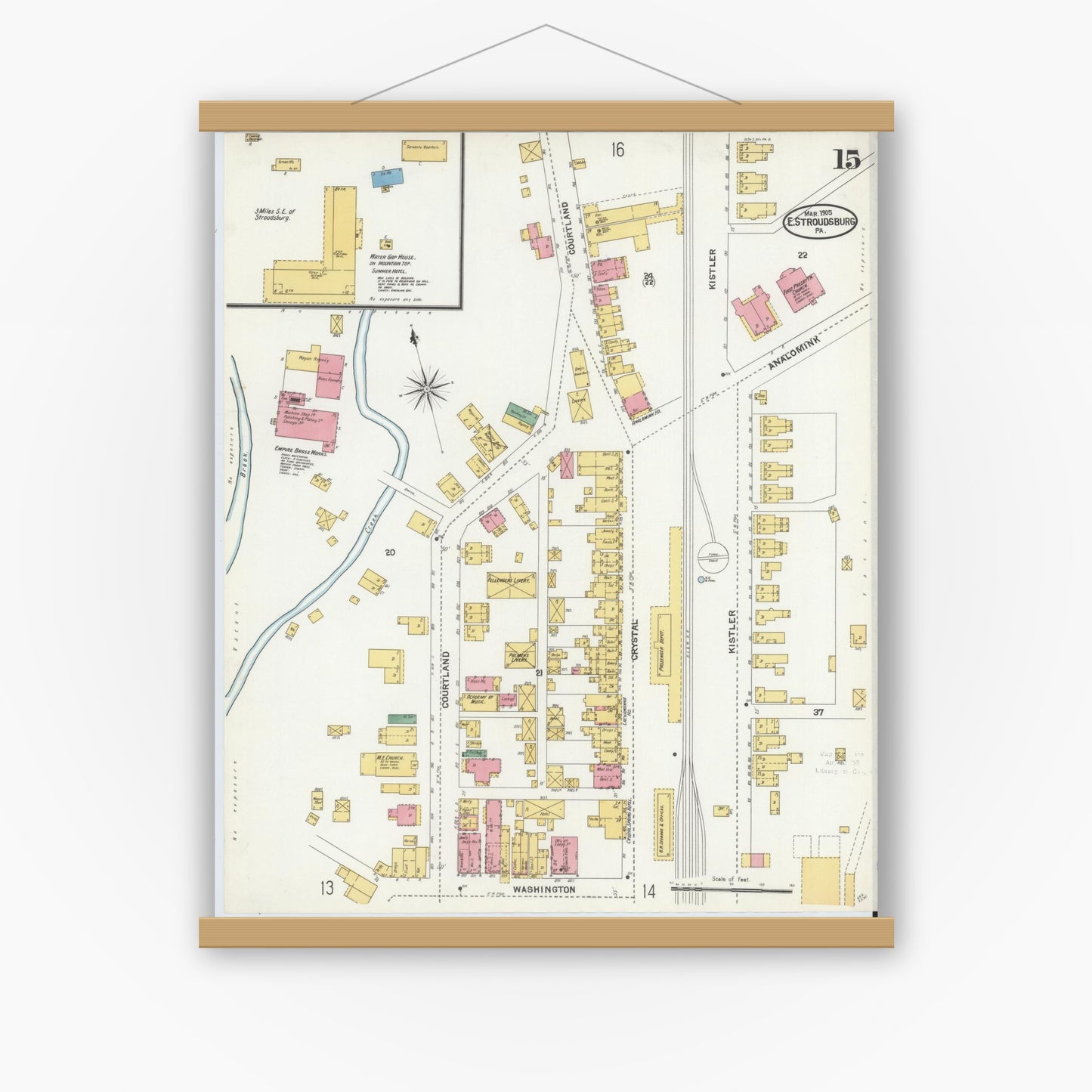 Old map wall art mockup — magnetic wood frame on white wall — Sanborn Fire Insurance Map from Stroudsburg, Monroe County, Pennsylvania (1905), Sheet #0015