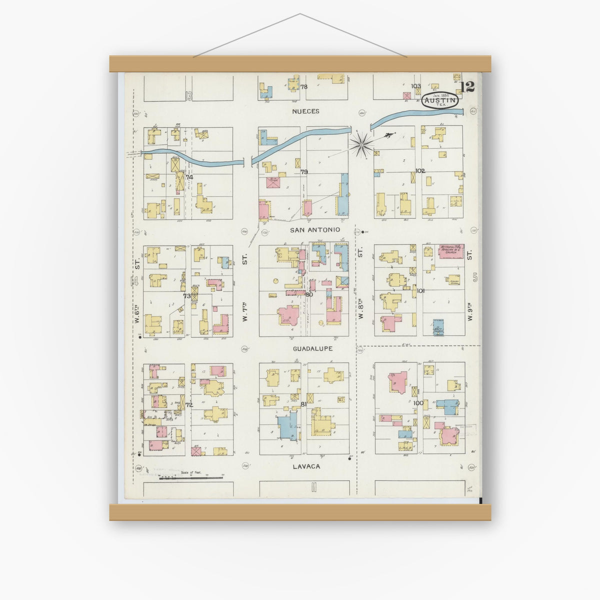 Old map wall art mockup — magnetic wood frame on white wall — Sanborn Fire Insurance Map from Austin, Travis County, Texas (1894), Sheet #0012
