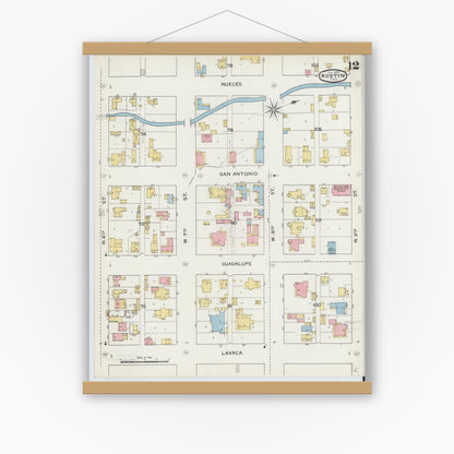 Old map wall art mockup — magnetic wood frame on white wall — Sanborn Fire Insurance Map from Austin, Travis County, Texas (1894), Sheet #0012