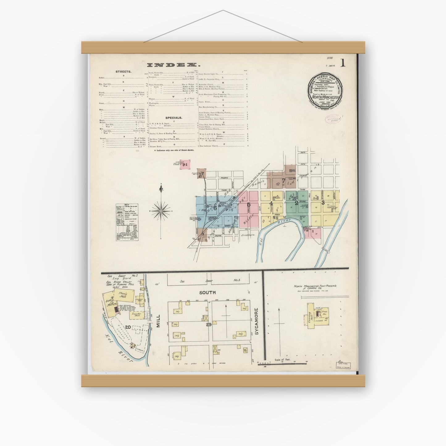 Old map wall art mockup — magnetic wood frame on white wall — Sanborn Fire Insurance Map from North Manchester, Wabash County, Indiana (1890) - Complete Map Set