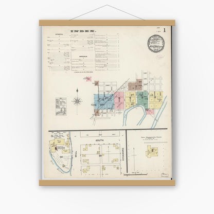 Old map wall art mockup — magnetic wood frame on white wall — Sanborn Fire Insurance Map from North Manchester, Wabash County, Indiana (1890) - Complete Map Set