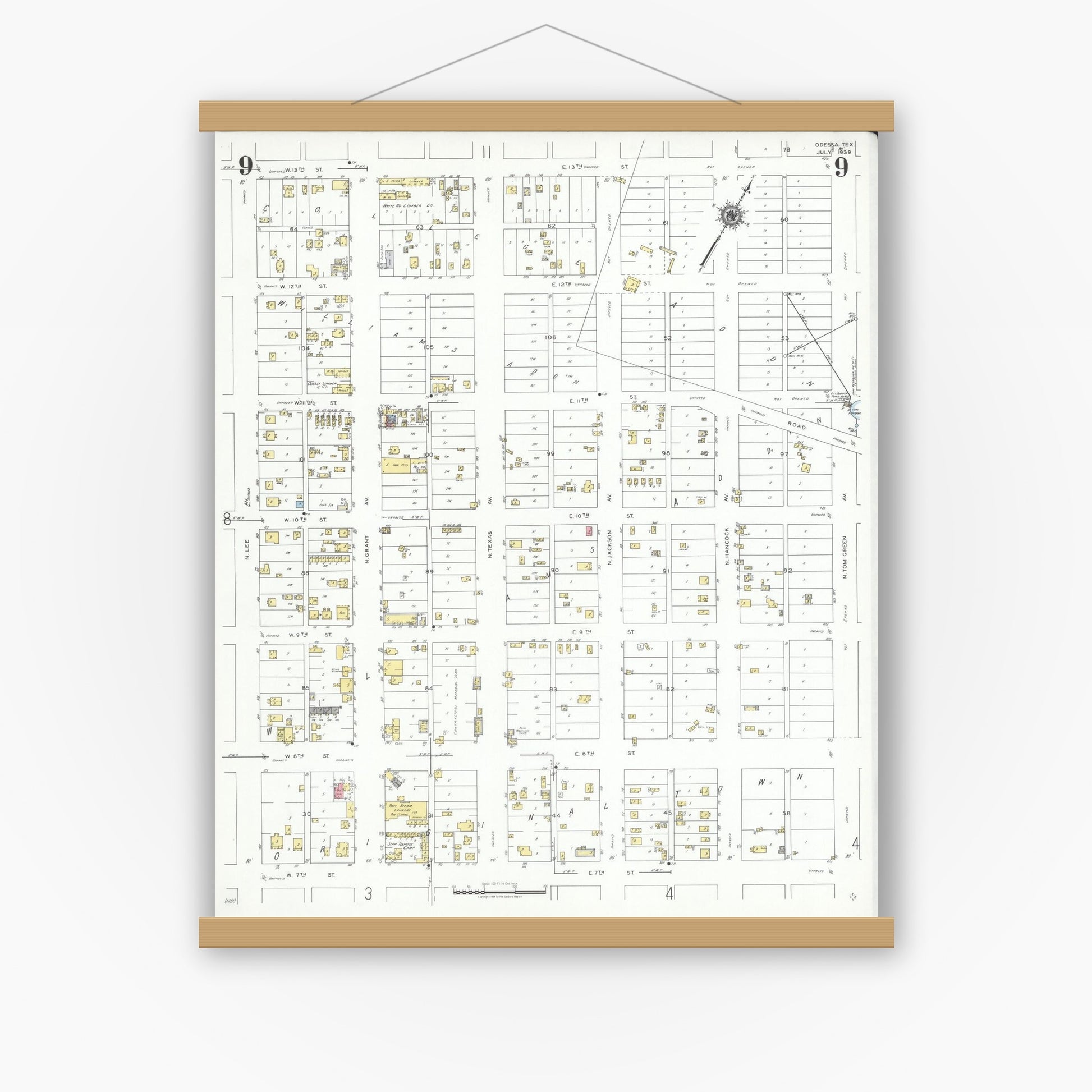 Old map wall art mockup — magnetic wood frame on white wall — Sanborn Fire Insurance Map from Odessa, Edger County, Texas (1939), Sheet #0009