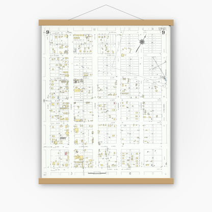 Old map wall art mockup — magnetic wood frame on white wall — Sanborn Fire Insurance Map from Odessa, Edger County, Texas (1939), Sheet #0009