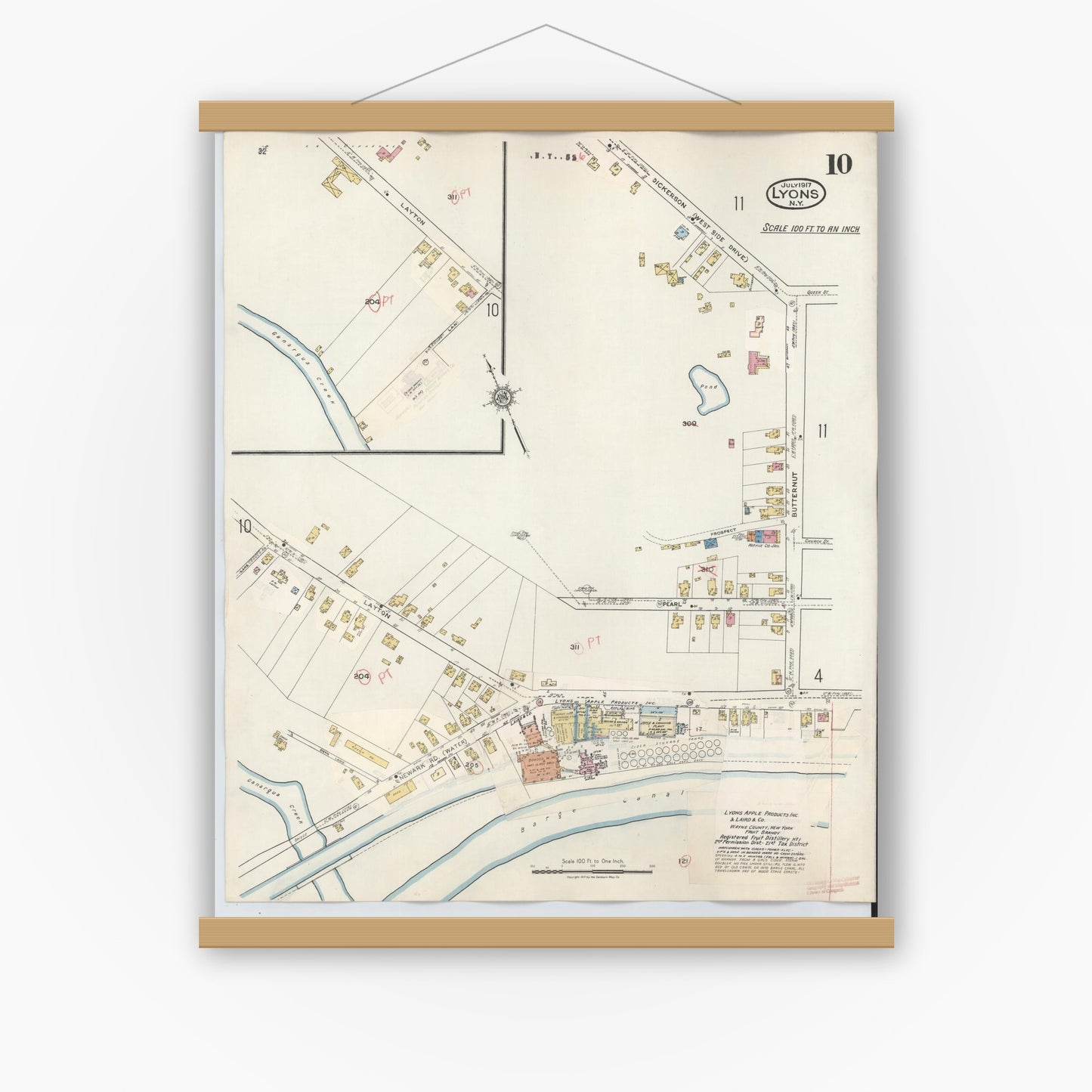 Old map wall art mockup — magnetic wood frame on white wall — Sanborn Fire Insurance Map from Lyons, Wayne County, New York (1949), Sheet #0010