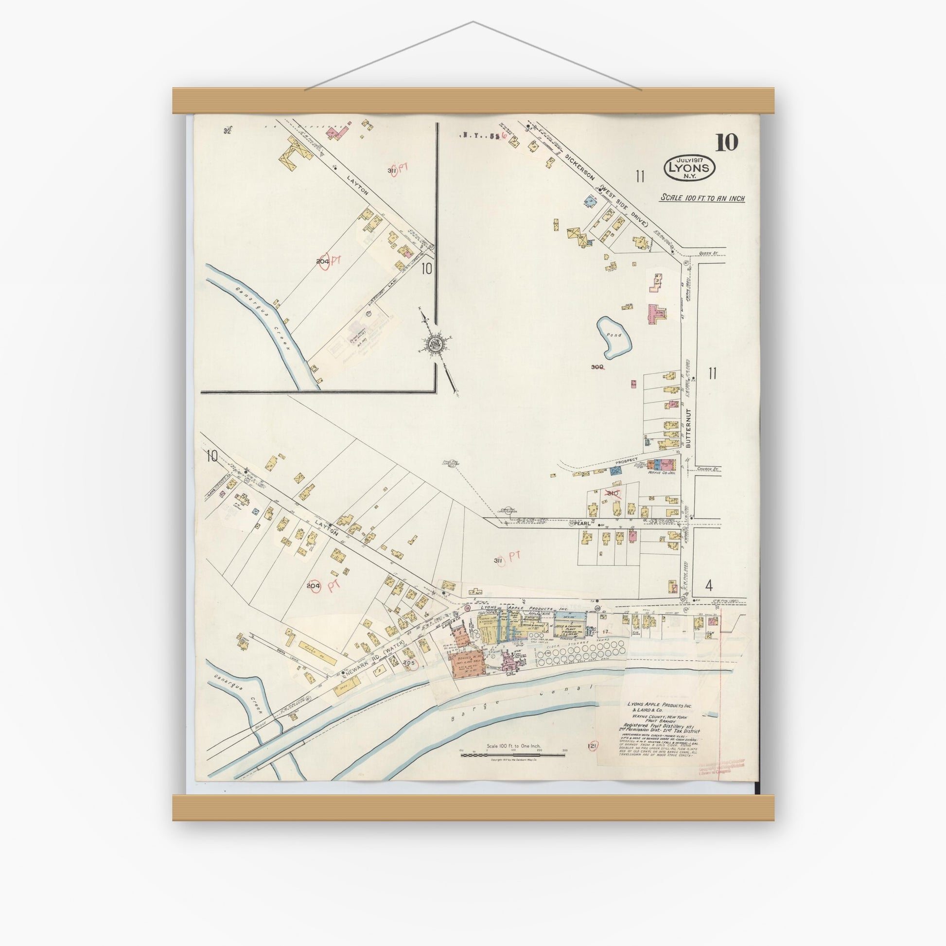 Old map wall art mockup — magnetic wood frame on white wall — Sanborn Fire Insurance Map from Lyons, Wayne County, New York (1949), Sheet #0010