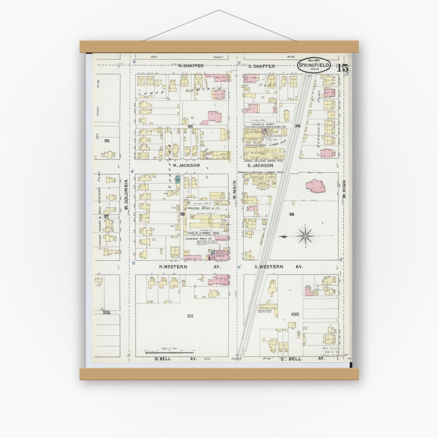 Old map wall art mockup — magnetic wood frame on white wall — Sanborn Fire Insurance Map from Springfield, Clark County, Ohio (1891), Sheet #0015