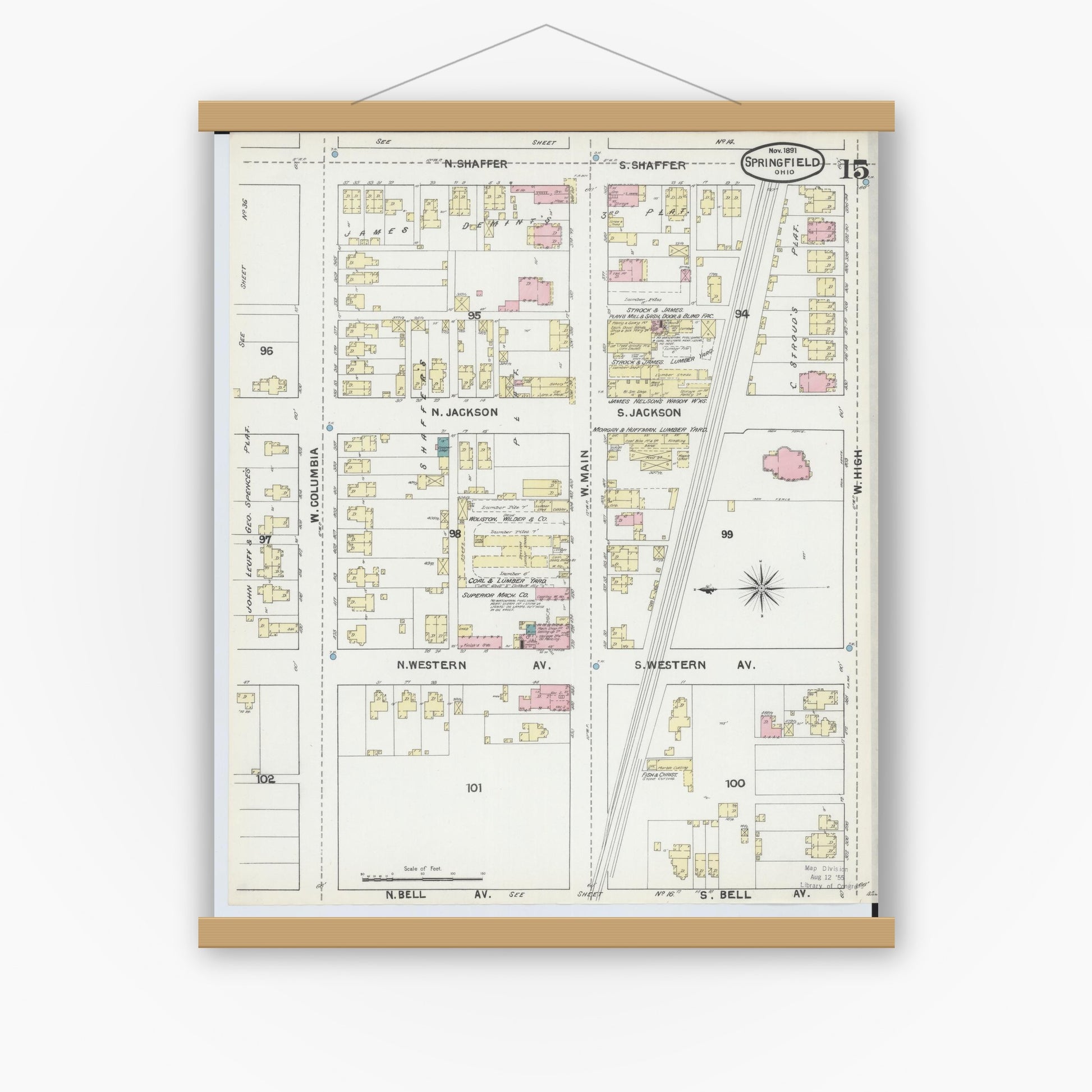 Old map wall art mockup — magnetic wood frame on white wall — Sanborn Fire Insurance Map from Springfield, Clark County, Ohio (1891), Sheet #0015