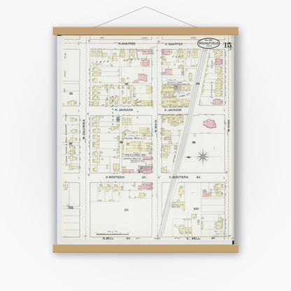 Old map wall art mockup — magnetic wood frame on white wall — Sanborn Fire Insurance Map from Springfield, Clark County, Ohio (1891), Sheet #0015