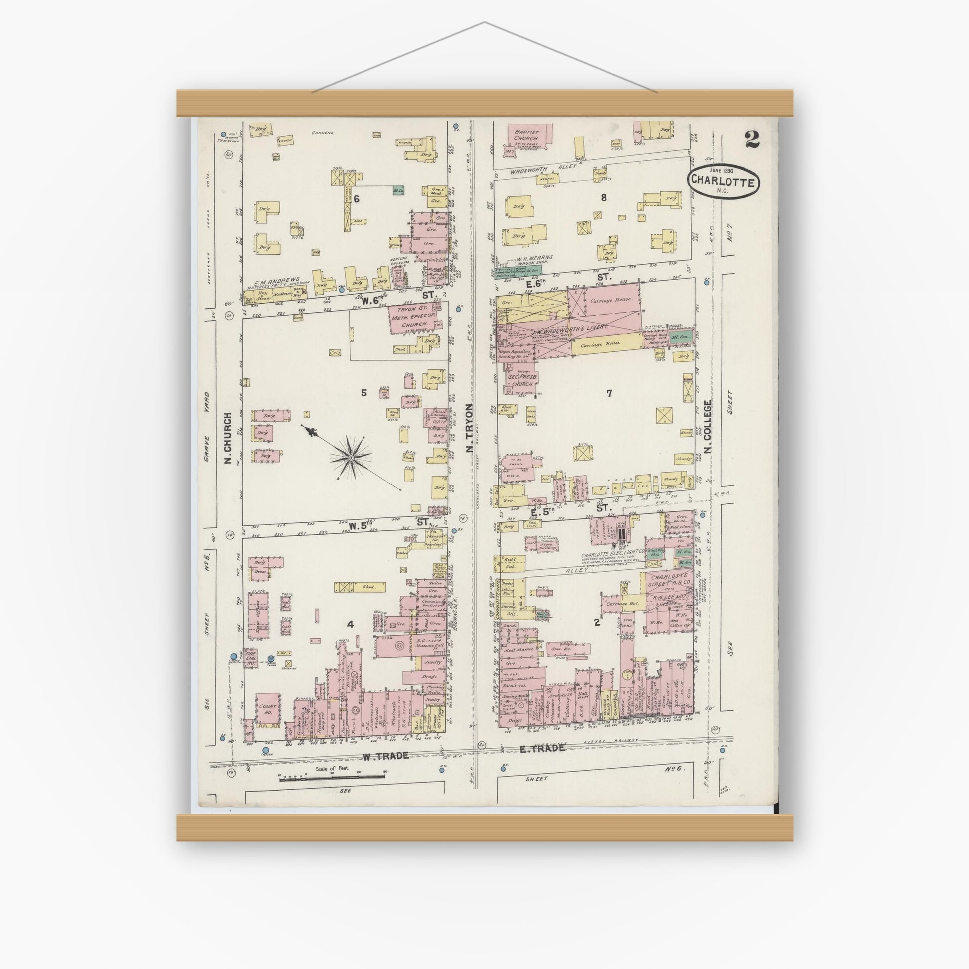Old map wall art mockup — magnetic wood frame on white wall — Sanborn Fire Insurance Map from Charlotte, Mecklenburg County, North Carolina (1890), Sheet #0002